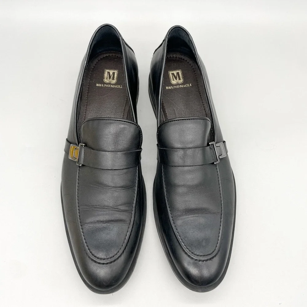 Bruno Magli Mens 12 Pablo Buckle Loafers Black Leather Apron Toe Shoes Preppy